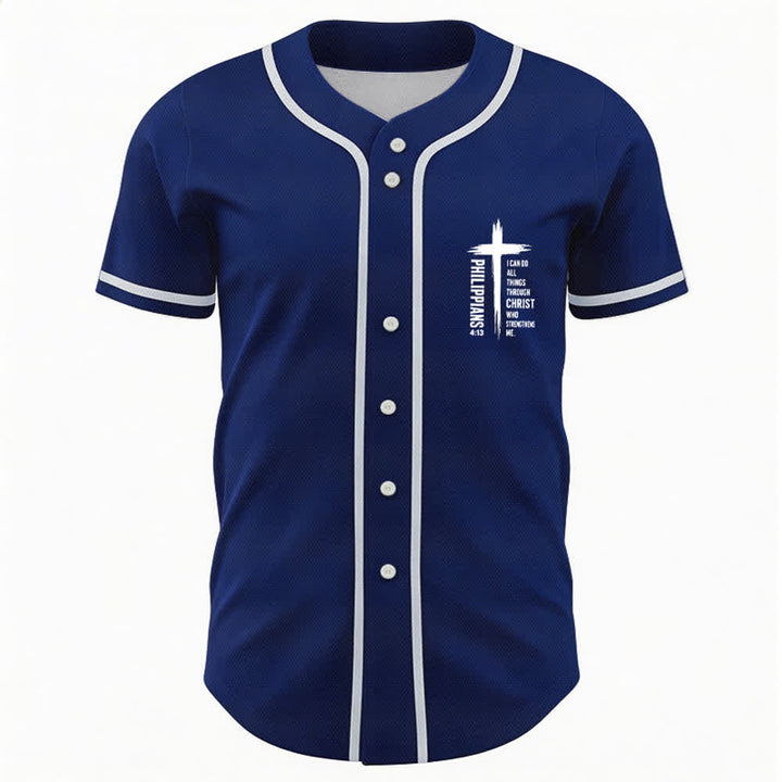 Camiseta de béisbol con ribete de contraste y gráfico de la Cruz Filipenses 4:13 de Christianartworkshop - image 30
