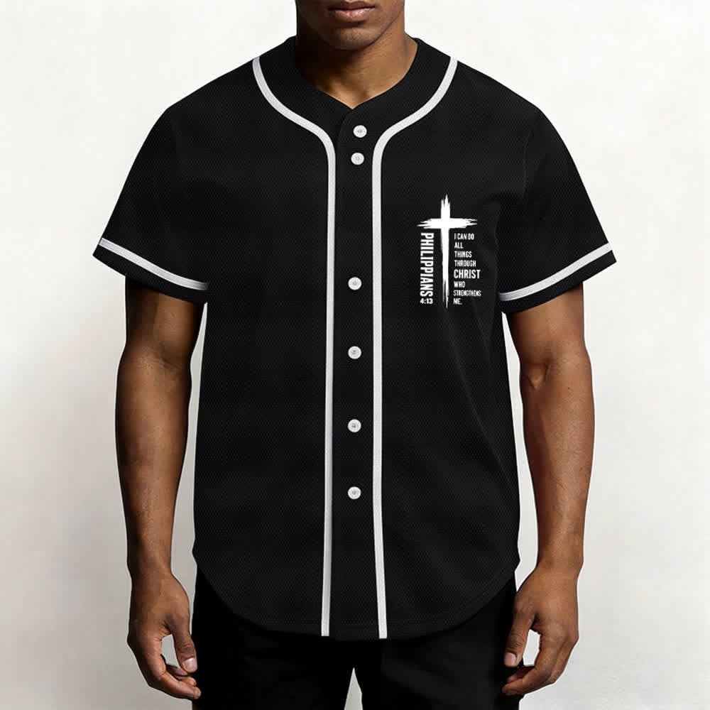 Camiseta de béisbol con ribete de contraste y gráfico de la Cruz Filipenses 4:13 de Christianartworkshop - image 13