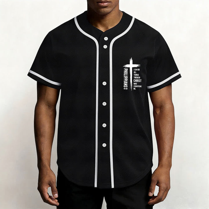 Camiseta de béisbol con ribete de contraste y gráfico de la Cruz Filipenses 4:13 de Christianartworkshop - image 13