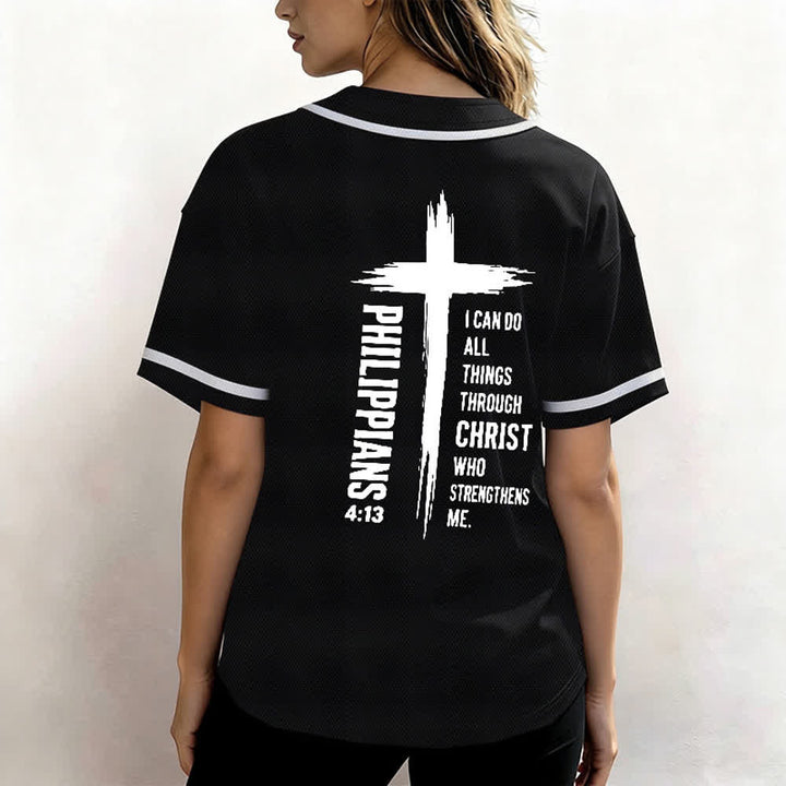 Camiseta de béisbol con ribete de contraste y gráfico de la Cruz Filipenses 4:13 de Christianartworkshop - image 10