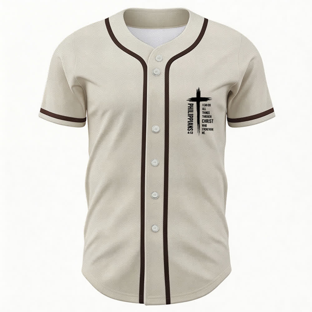 Camiseta de béisbol con ribete de contraste y gráfico de la Cruz Filipenses 4:13 de Christianartworkshop - image 23