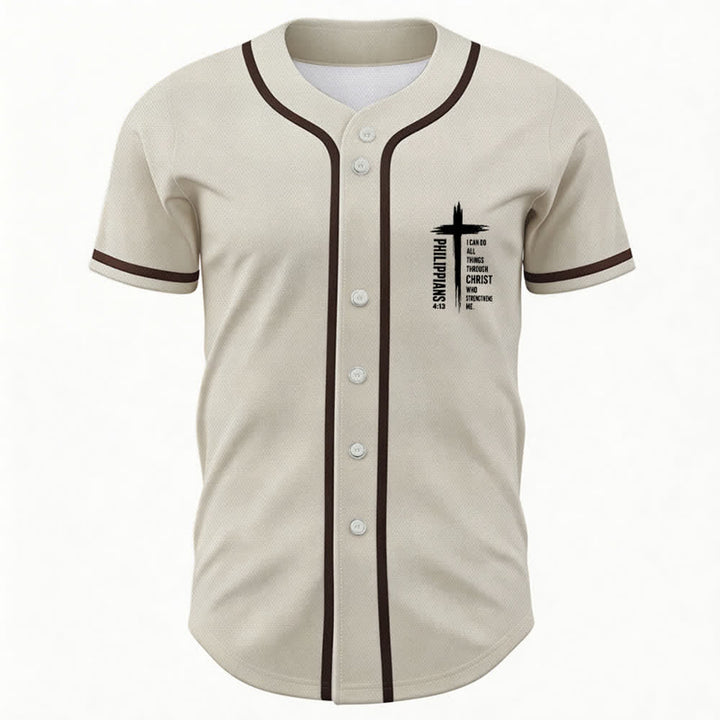 Camiseta de béisbol con ribete de contraste y gráfico de la Cruz Filipenses 4:13 de Christianartworkshop - image 23