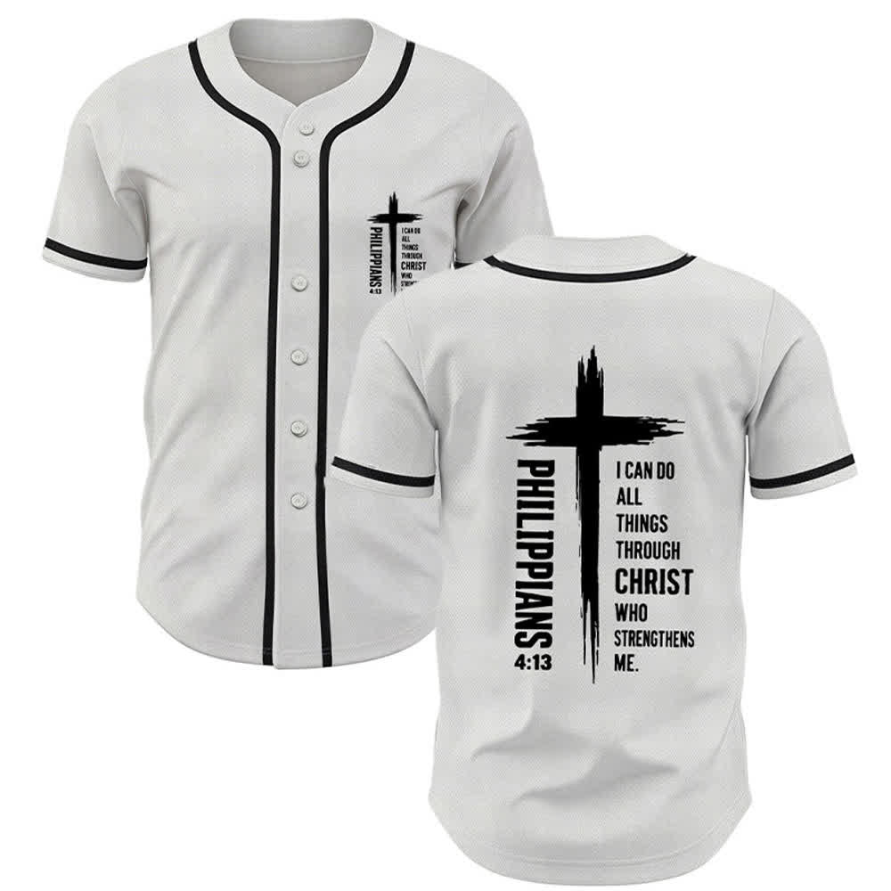 Camiseta de béisbol con ribete de contraste y gráfico de la Cruz Filipenses 4:13 de Christianartworkshop - Blanco - 5XL - image 35