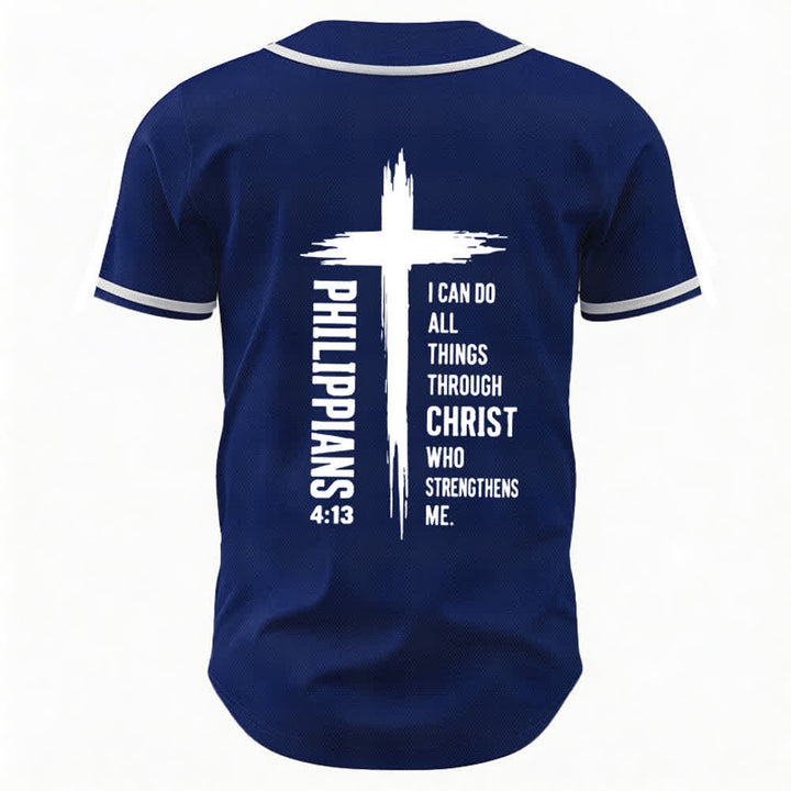 Camiseta de béisbol con ribete de contraste y gráfico de la Cruz Filipenses 4:13 de Christianartworkshop - image 29