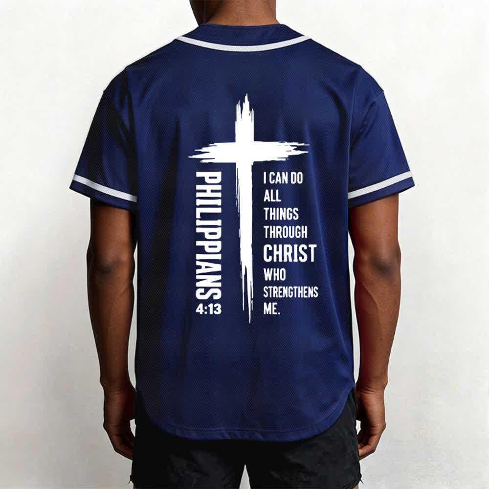 Camiseta de béisbol con ribete de contraste y gráfico de la Cruz Filipenses 4:13 de Christianartworkshop - image 31