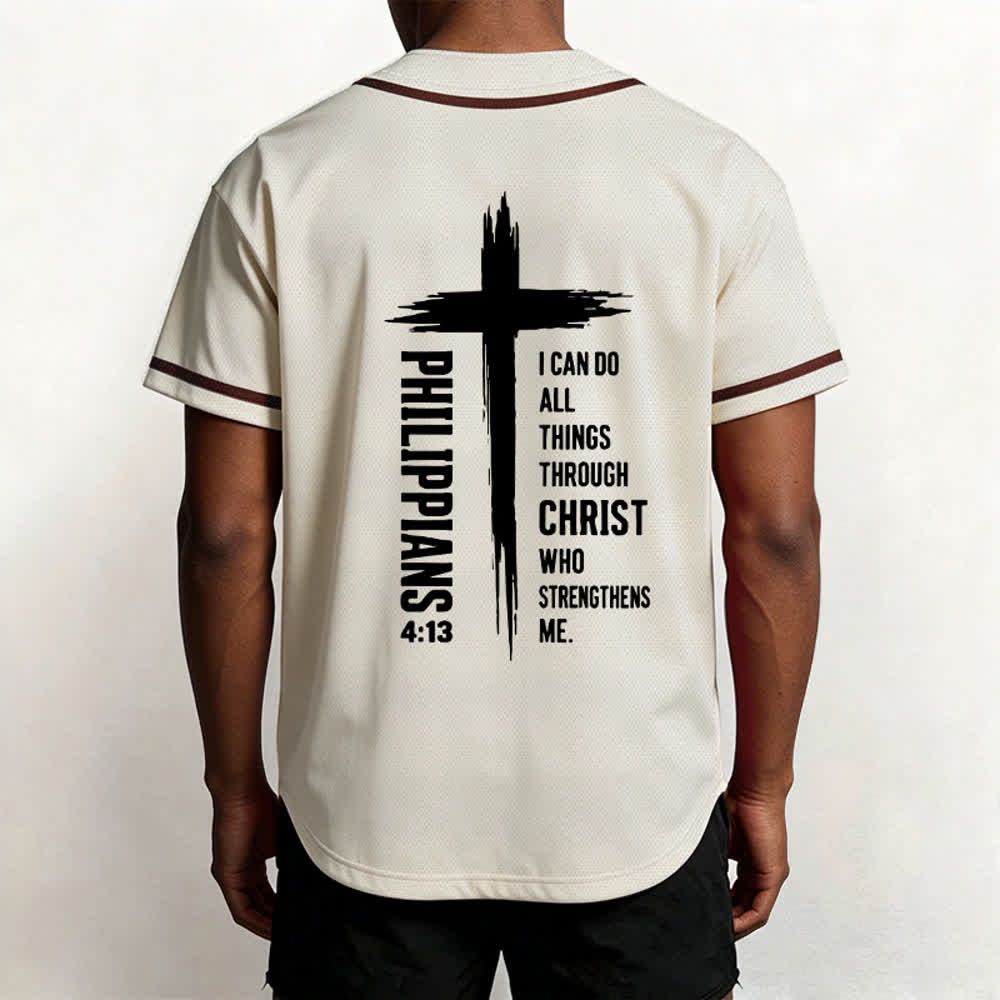 Camiseta de béisbol con ribete de contraste y gráfico de la Cruz Filipenses 4:13 de Christianartworkshop - image 26