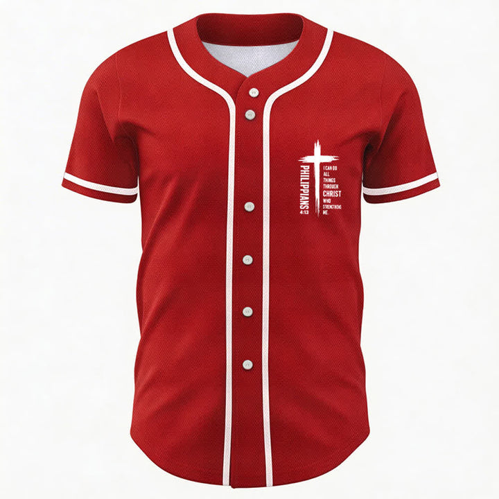 Camiseta de béisbol con ribete de contraste y gráfico de la Cruz Filipenses 4:13 de Christianartworkshop - image 44