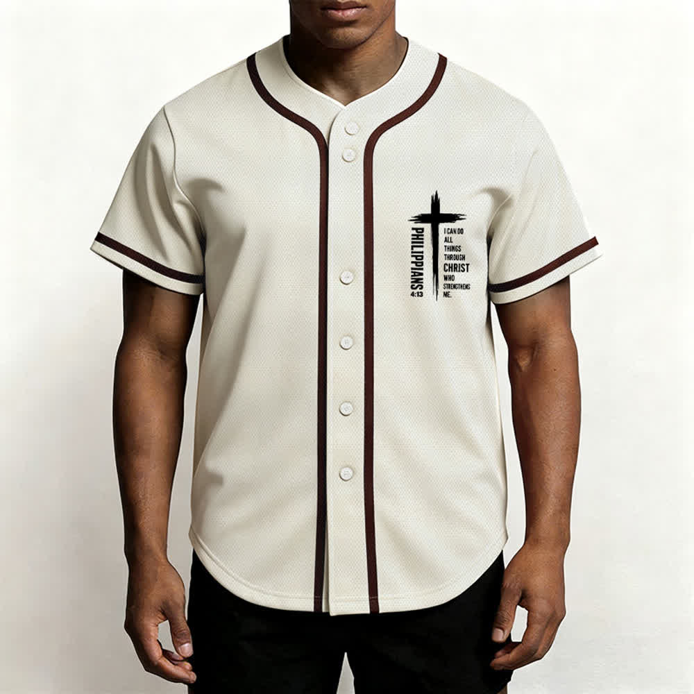 Camiseta de béisbol con ribete de contraste y gráfico de la Cruz Filipenses 4:13 de Christianartworkshop - image 27
