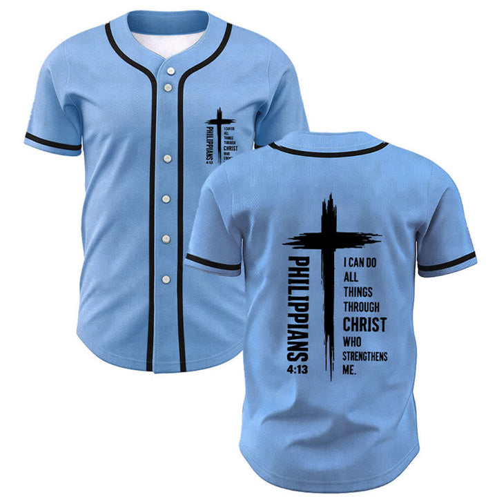 Camiseta de béisbol con ribete de contraste y gráfico de la Cruz Filipenses 4:13 de Christianartworkshop - Azul cielo - 5XL - image 49