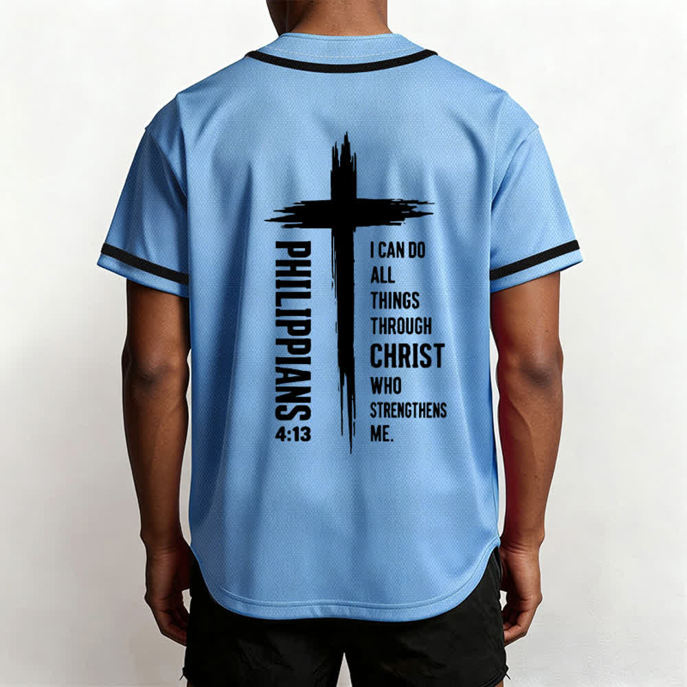 Camiseta de béisbol con ribete de contraste y gráfico de la Cruz Filipenses 4:13 de Christianartworkshop - image 54