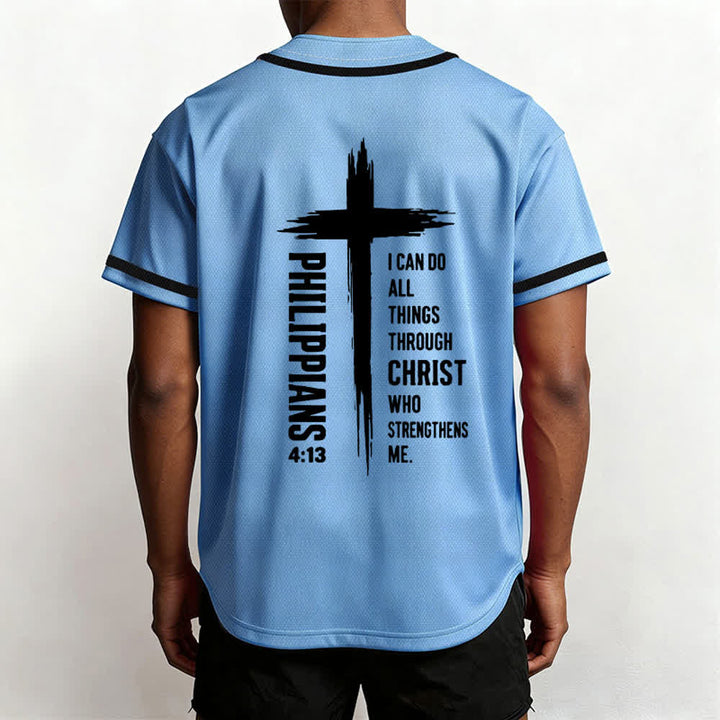 Camiseta de béisbol con ribete de contraste y gráfico de la Cruz Filipenses 4:13 de Christianartworkshop - image 54