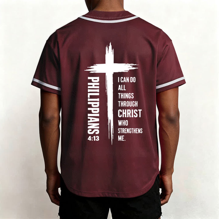 Camiseta de béisbol con ribete de contraste y gráfico de la Cruz Filipenses 4:13 de Christianartworkshop - image 5