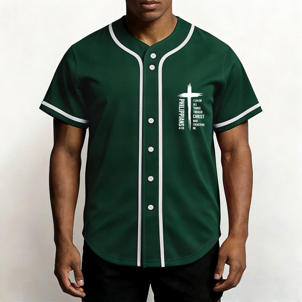 Camiseta de béisbol con ribete de contraste y gráfico de la Cruz Filipenses 4:13 de Christianartworkshop - image 20