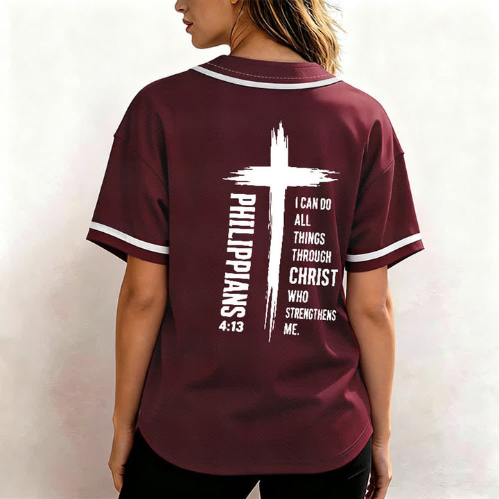 Camiseta de béisbol con ribete de contraste y gráfico de la Cruz Filipenses 4:13 de Christianartworkshop - image 3