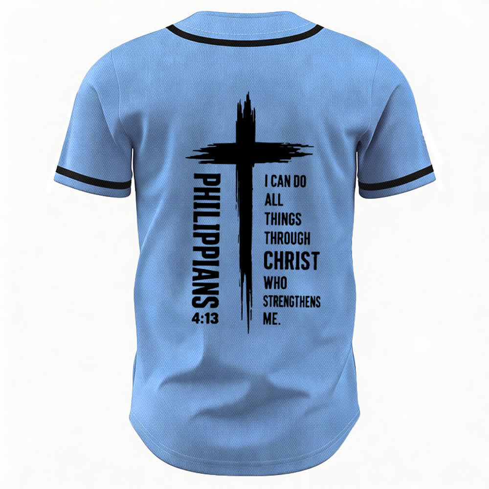 Camiseta de béisbol con ribete de contraste y gráfico de la Cruz Filipenses 4:13 de Christianartworkshop - image 50