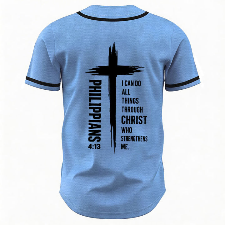 Camiseta de béisbol con ribete de contraste y gráfico de la Cruz Filipenses 4:13 de Christianartworkshop - image 50