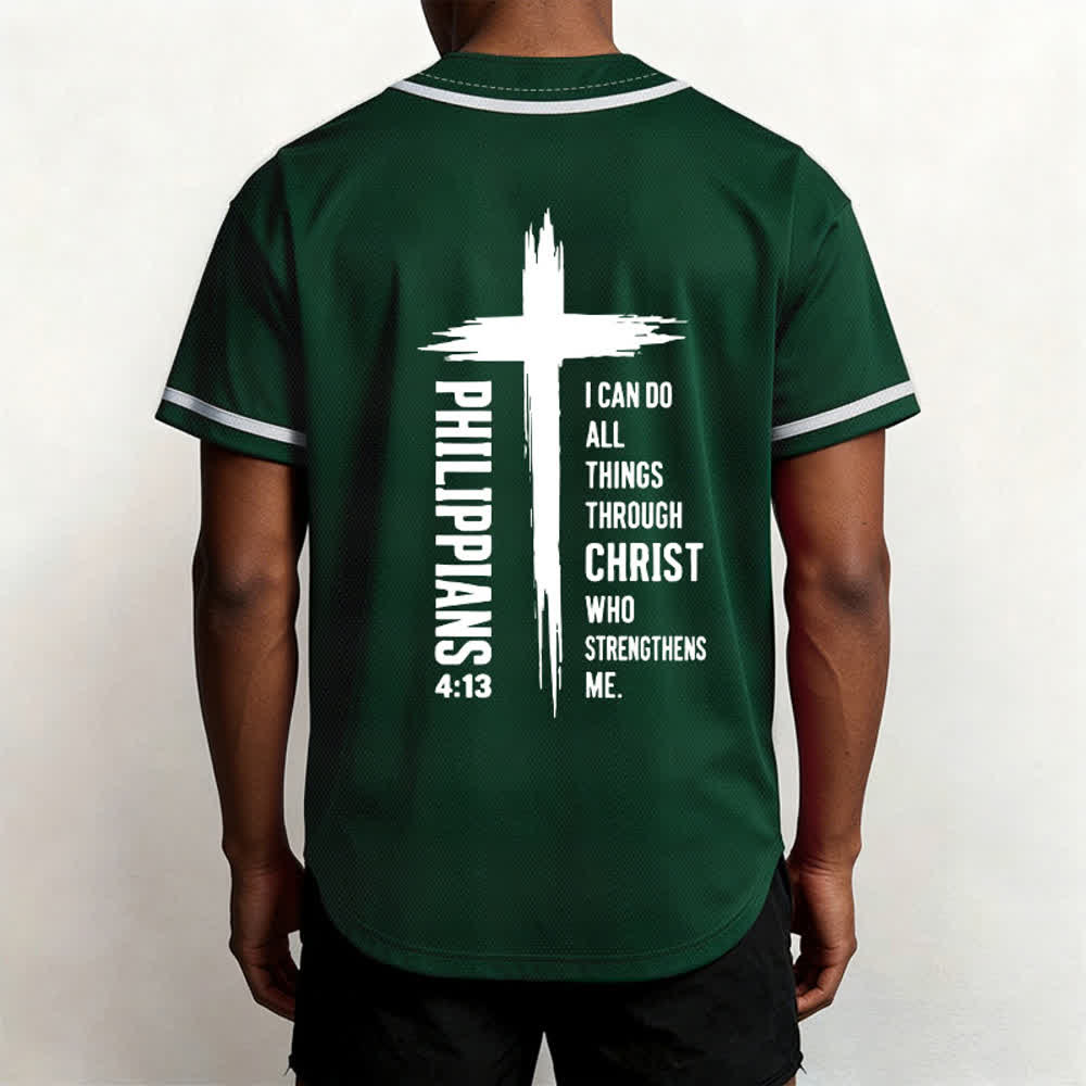 Camiseta de béisbol con ribete de contraste y gráfico de la Cruz Filipenses 4:13 de Christianartworkshop - image 19