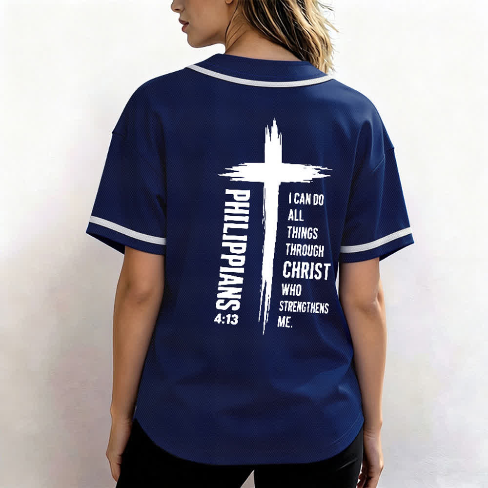 Camiseta de béisbol con ribete de contraste y gráfico de la Cruz Filipenses 4:13 de Christianartworkshop - image 33