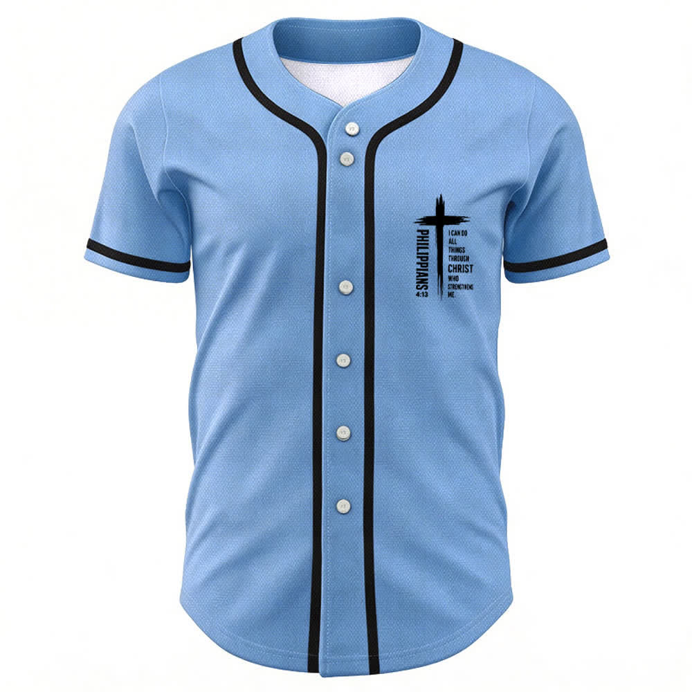 Camiseta de béisbol con ribete de contraste y gráfico de la Cruz Filipenses 4:13 de Christianartworkshop - image 51