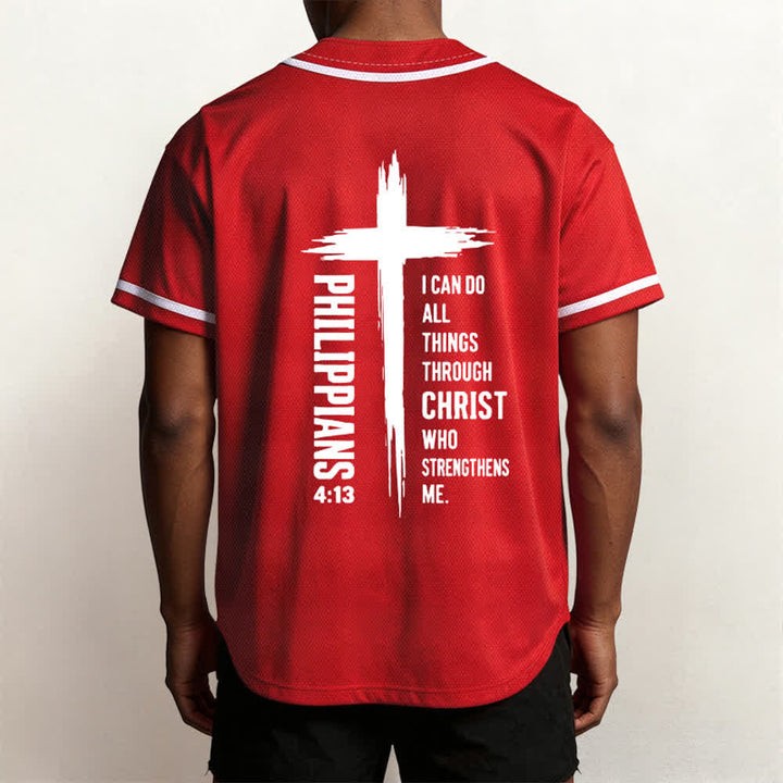 Camiseta de béisbol con ribete de contraste y gráfico de la Cruz Filipenses 4:13 de Christianartworkshop - image 47