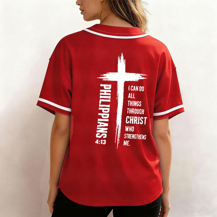 Camiseta de béisbol con ribete de contraste y gráfico de la Cruz Filipenses 4:13 de Christianartworkshop - image 45