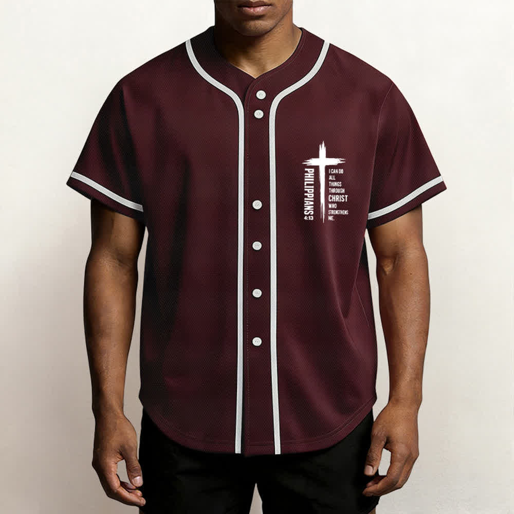 Camiseta de béisbol con ribete de contraste y gráfico de la Cruz Filipenses 4:13 de Christianartworkshop - image 6