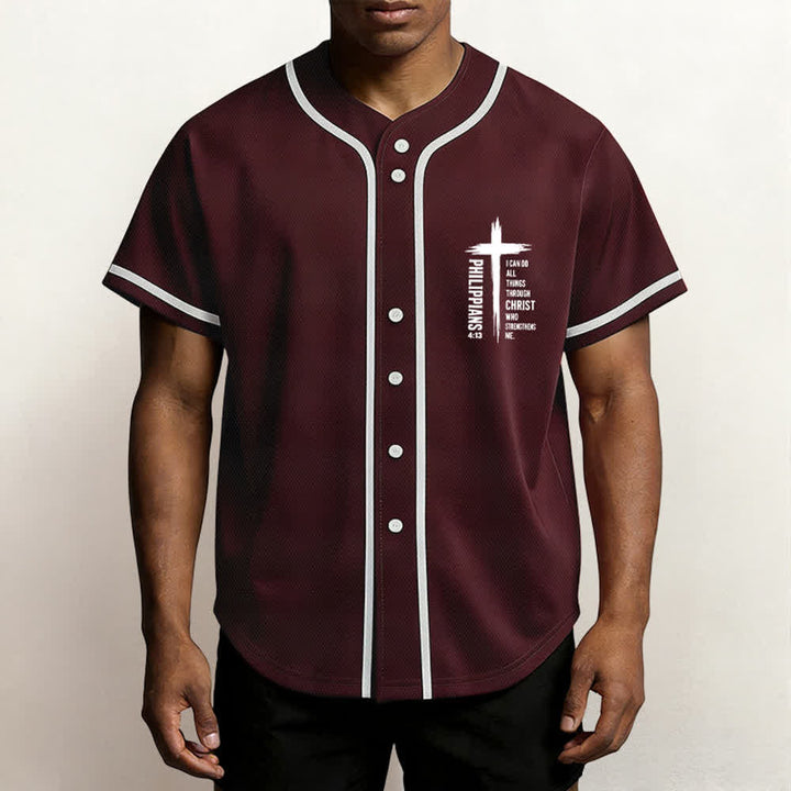 Camiseta de béisbol con ribete de contraste y gráfico de la Cruz Filipenses 4:13 de Christianartworkshop - image 6