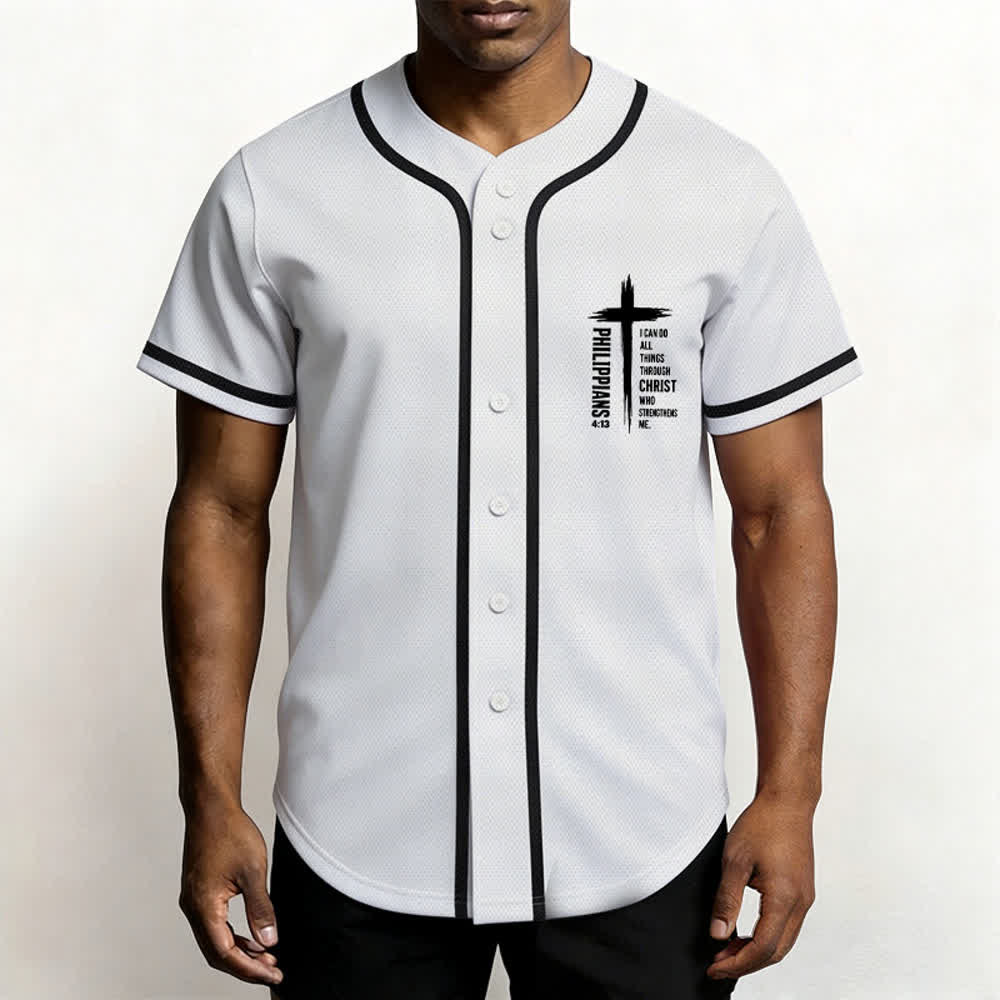 Camiseta de béisbol con ribete de contraste y gráfico de la Cruz Filipenses 4:13 de Christianartworkshop - image 41