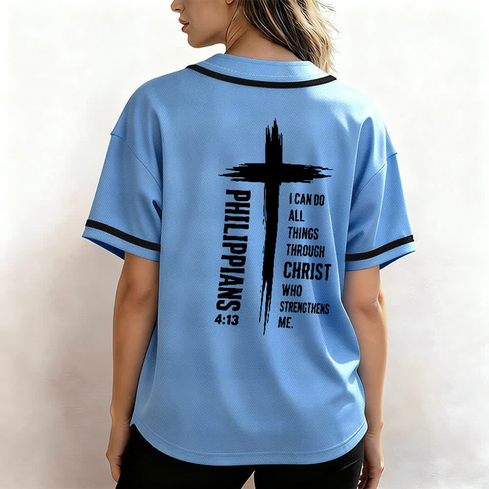 Camiseta de béisbol con ribete de contraste y gráfico de la Cruz Filipenses 4:13 de Christianartworkshop - image 52