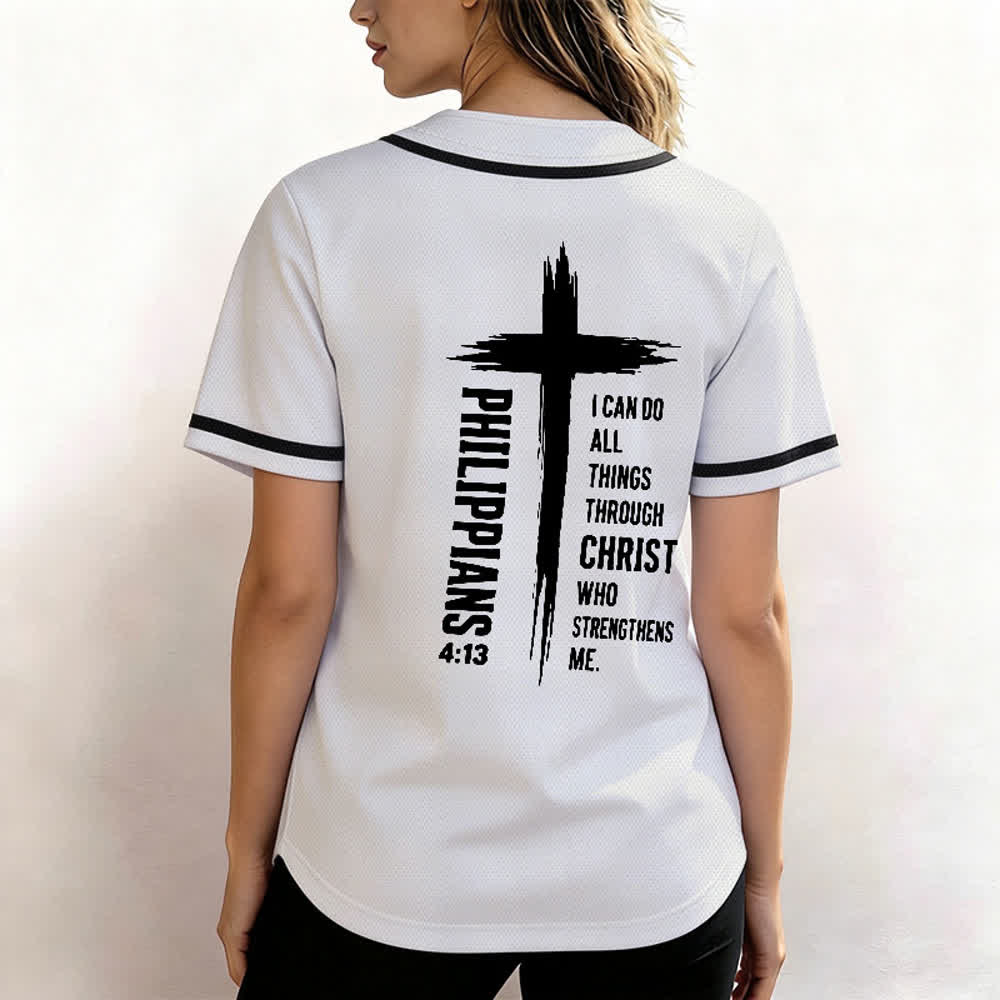 Camiseta de béisbol con ribete de contraste y gráfico de la Cruz Filipenses 4:13 de Christianartworkshop - image 38