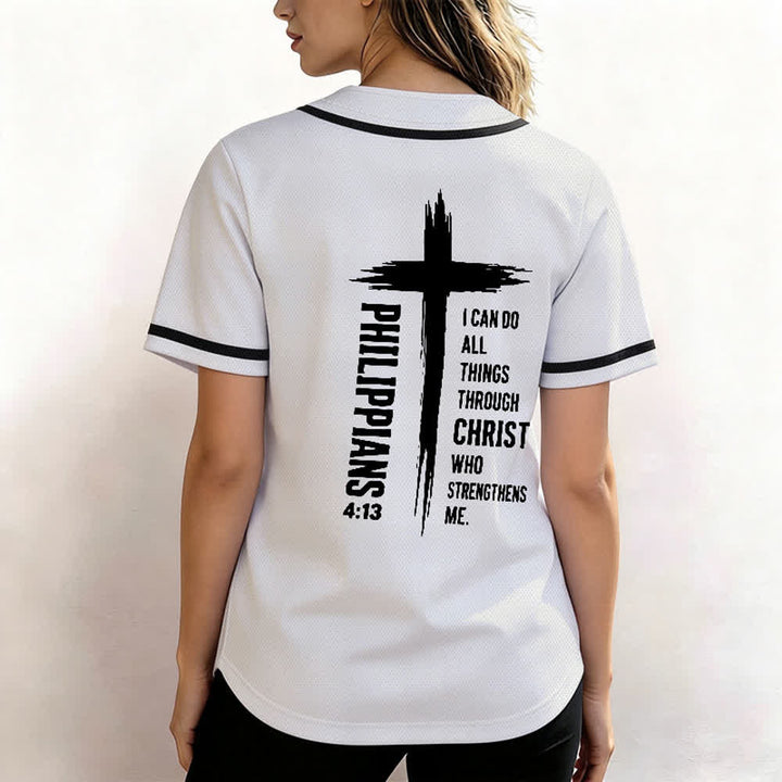 Camiseta de béisbol con ribete de contraste y gráfico de la Cruz Filipenses 4:13 de Christianartworkshop - image 38