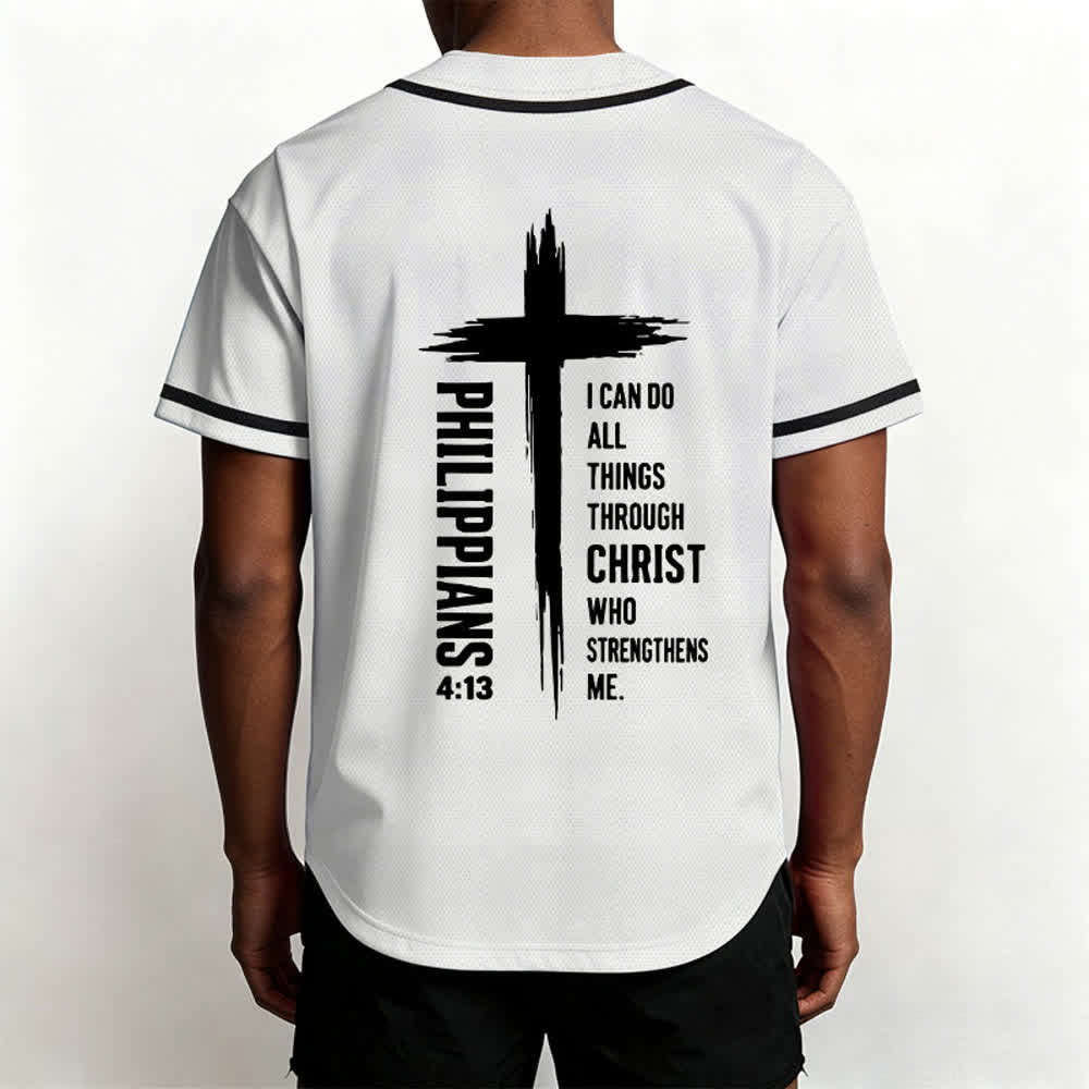 Camiseta de béisbol con ribete de contraste y gráfico de la Cruz Filipenses 4:13 de Christianartworkshop - image 40