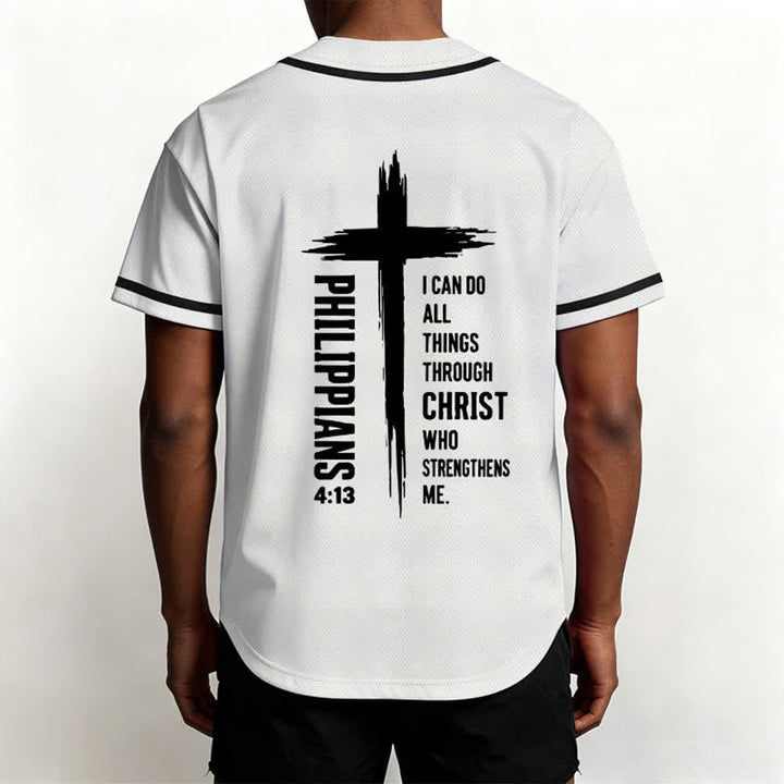 Camiseta de béisbol con ribete de contraste y gráfico de la Cruz Filipenses 4:13 de Christianartworkshop - image 40