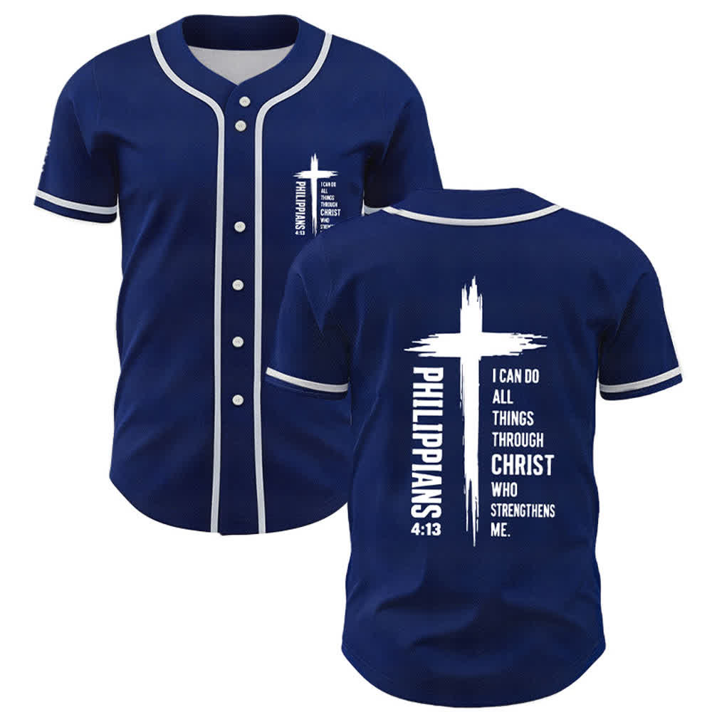Camiseta de béisbol con ribete de contraste y gráfico de la Cruz Filipenses 4:13 de Christianartworkshop - Azul marino - 5XL - image 28