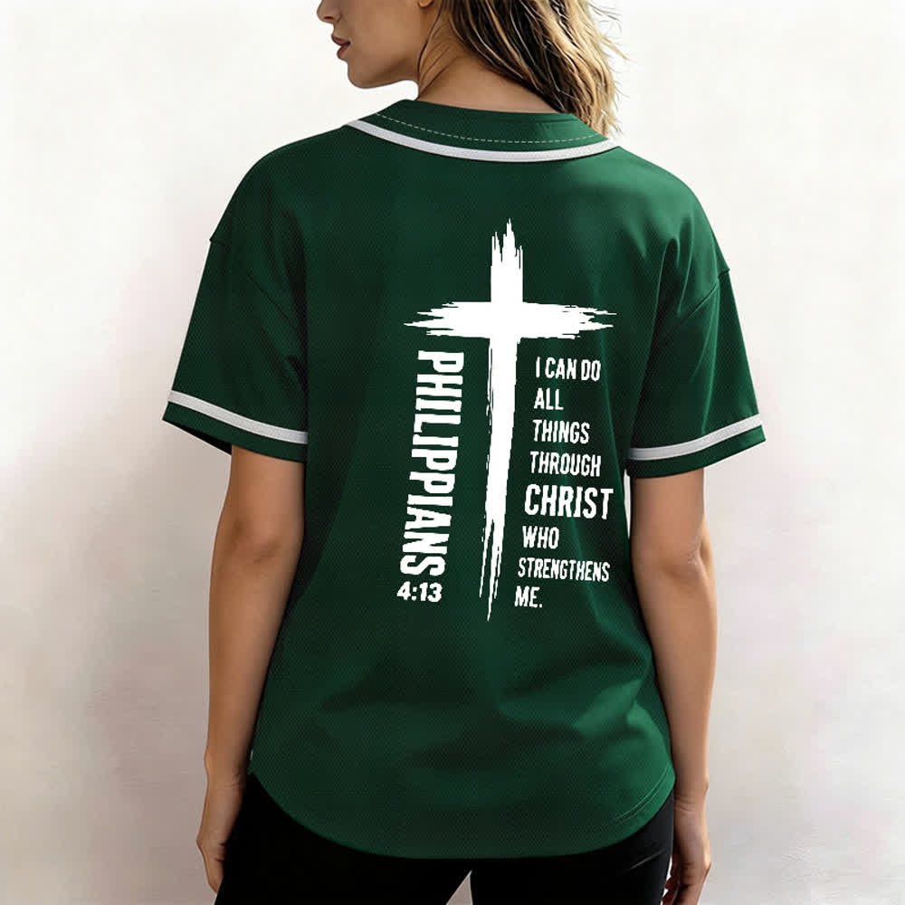 Camiseta de béisbol con ribete de contraste y gráfico de la Cruz Filipenses 4:13 de Christianartworkshop - image 17