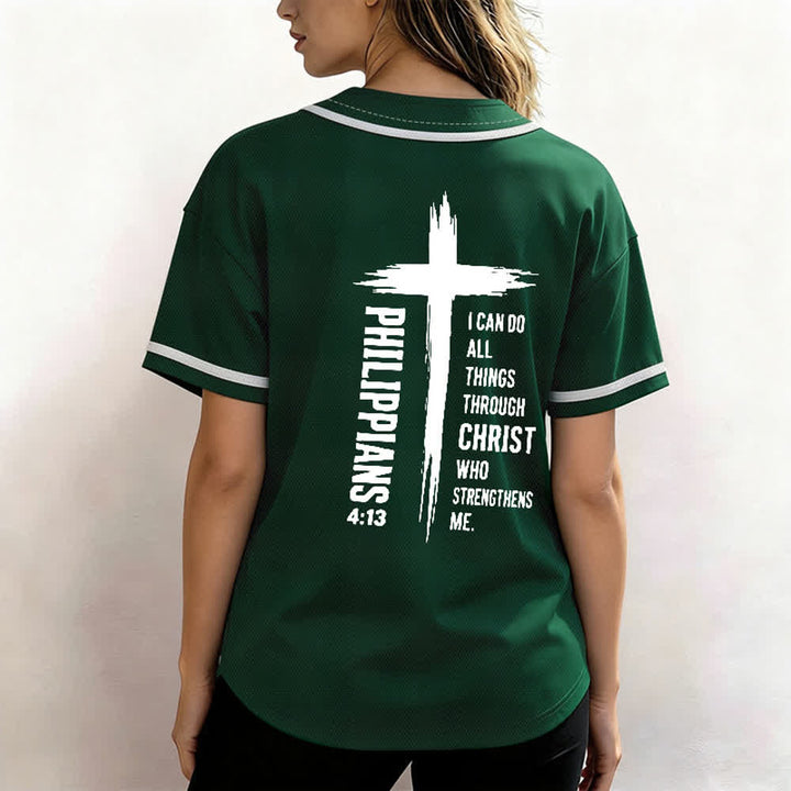 Camiseta de béisbol con ribete de contraste y gráfico de la Cruz Filipenses 4:13 de Christianartworkshop - image 17