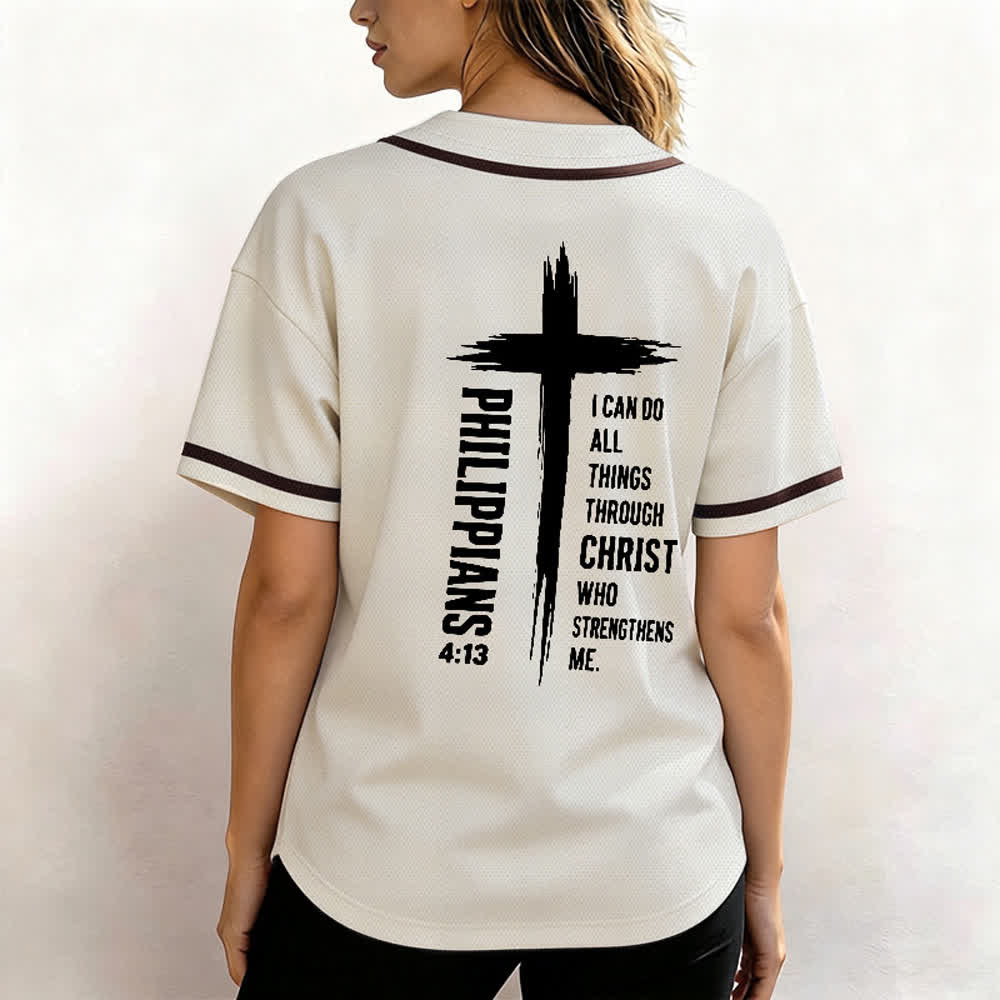 Camiseta de béisbol con ribete de contraste y gráfico de la Cruz Filipenses 4:13 de Christianartworkshop - image 24