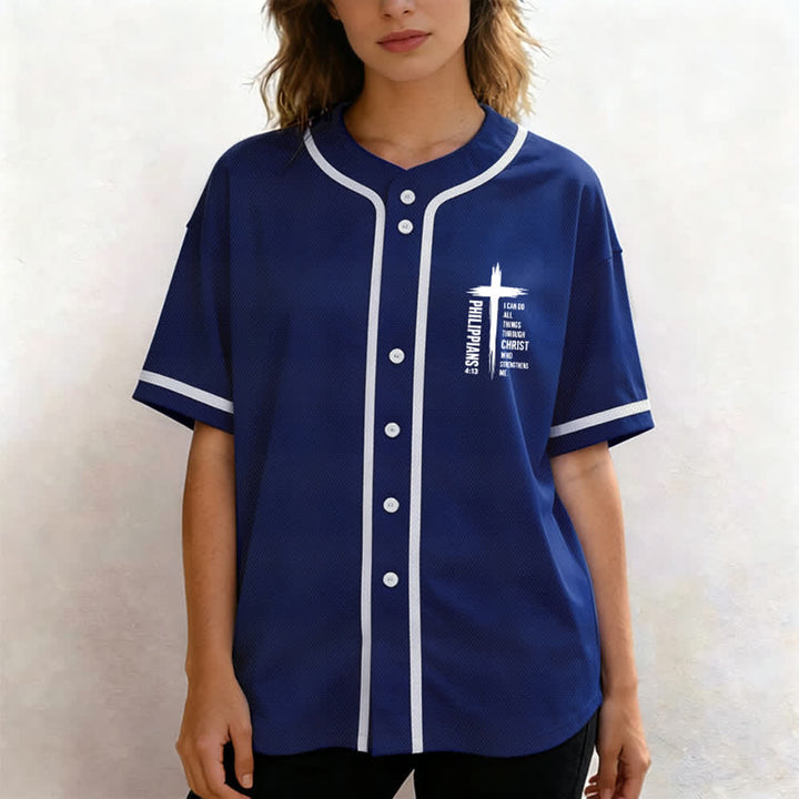 Camiseta de béisbol con ribete de contraste y gráfico de la Cruz Filipenses 4:13 de Christianartworkshop - image 34