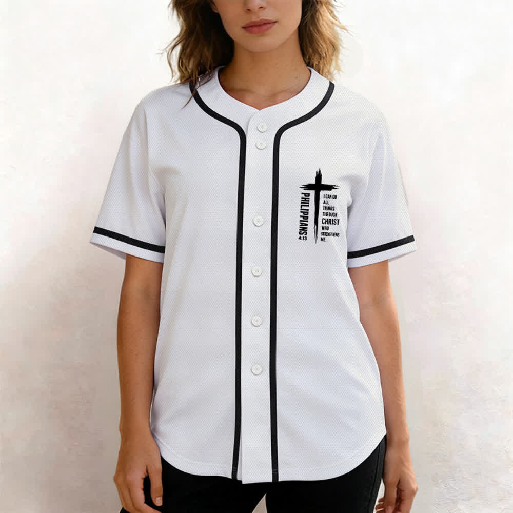 Camiseta de béisbol con ribete de contraste y gráfico de la Cruz Filipenses 4:13 de Christianartworkshop - image 39