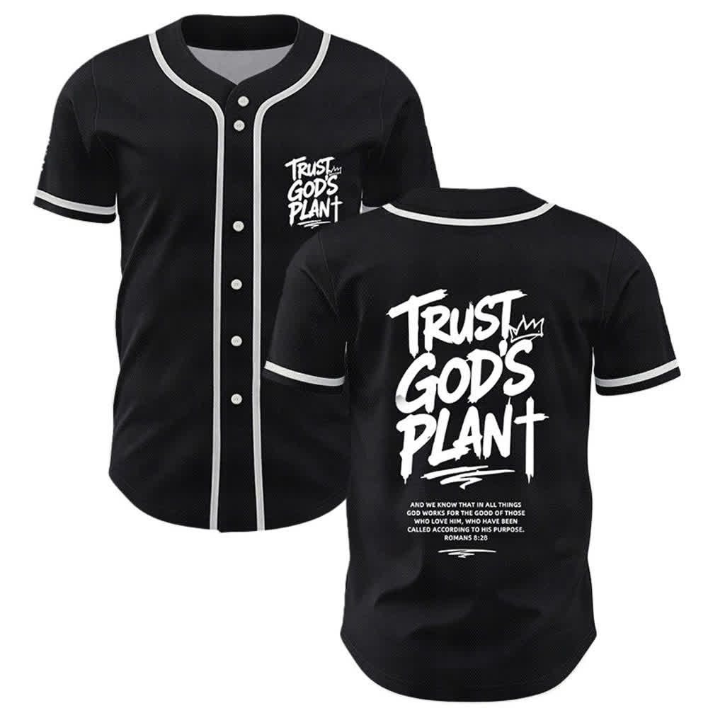 Camiseta de béisbol con botones "Confía en el plan de Dios" de Christianartworkshop - Negro - 5XL - image 0