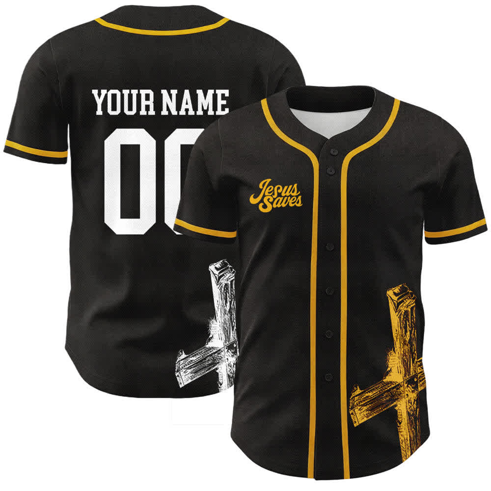 Christianartworkshop Camiseta de béisbol personalizada con el nombre "Jesús salva" - Nombre y número personalizados - Amarillo - 5XL - image 0