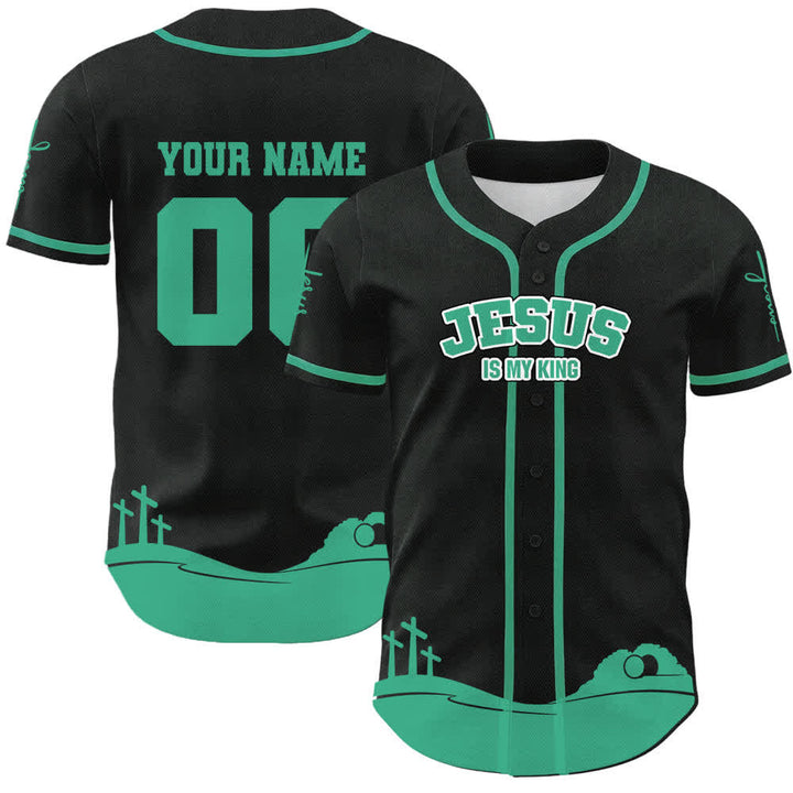 Camiseta de béisbol personalizada con nombre y número de Christianartworkshop: Jesús es mi rey - Nombre y número personalizados - Azul del lago - 5XL - image 9