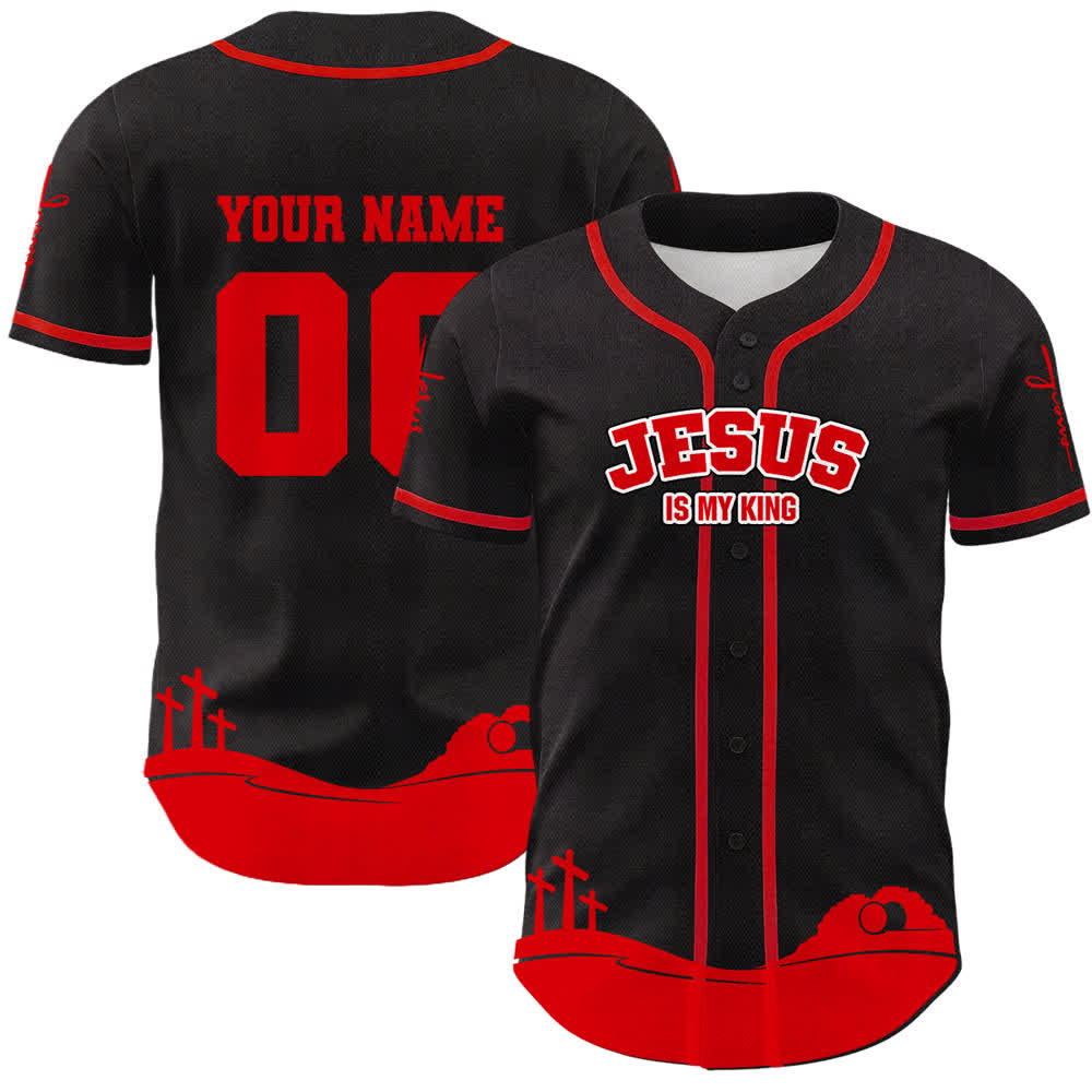 Camiseta de béisbol personalizada con nombre y número de Christianartworkshop: Jesús es mi rey - Nombre y número personalizados - Rojo - 5XL - image 15
