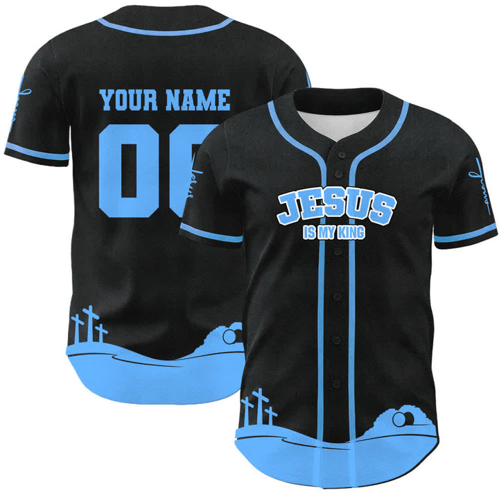Camiseta de béisbol personalizada con nombre y número de Christianartworkshop: Jesús es mi rey - Nombre y número personalizados - Azul cielo - 5XL - image 12