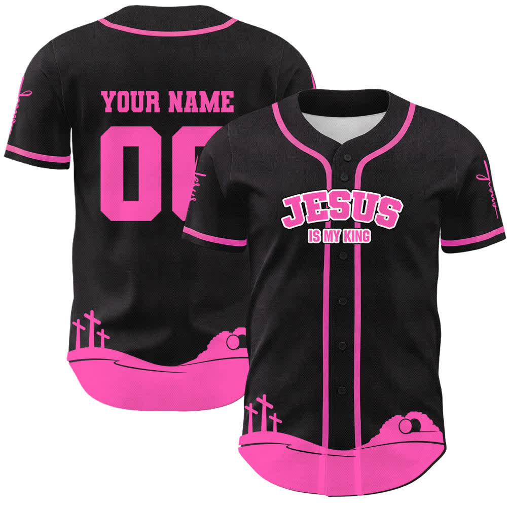 Camiseta de béisbol personalizada con nombre y número de Christianartworkshop: Jesús es mi rey - Nombre y número personalizados - Rosa - 5XL - image 21