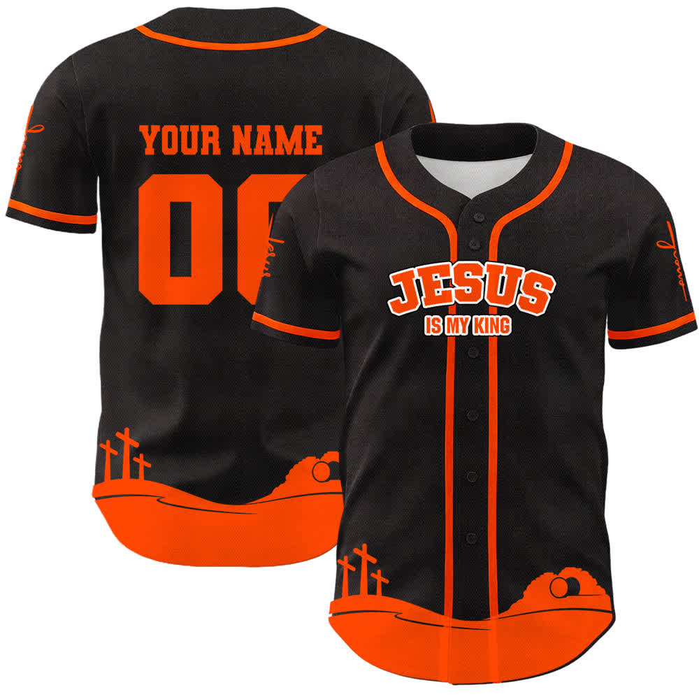 Camiseta de béisbol personalizada con nombre y número de Christianartworkshop: Jesús es mi rey - Nombre y número personalizados - Naranja - 5XL - image 0