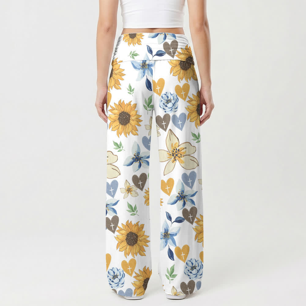 Christianartworkshop Pantalones de pierna ancha para mujer con estampado de girasoles y corazones. - image 2