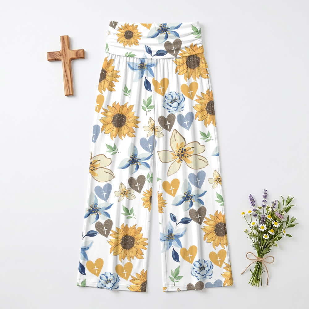 Christianartworkshop Pantalones de pierna ancha para mujer con estampado de girasoles y corazones. - EE. UU. 22, Reino Unido/Australia 26, UE 54 - image 0