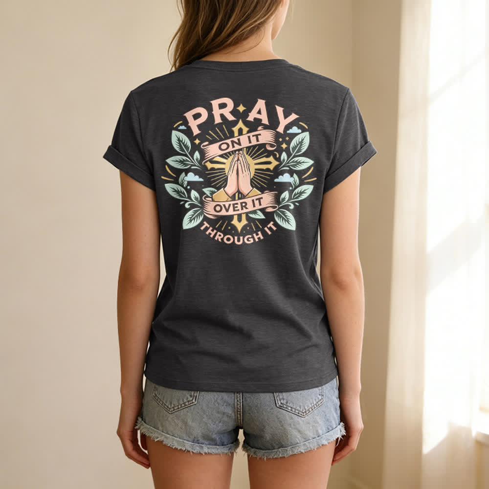 Christianartworkshop Camiseta de mujer con cuello en V y manga enrollada con nudo lateral "Pray On It" - image 34
