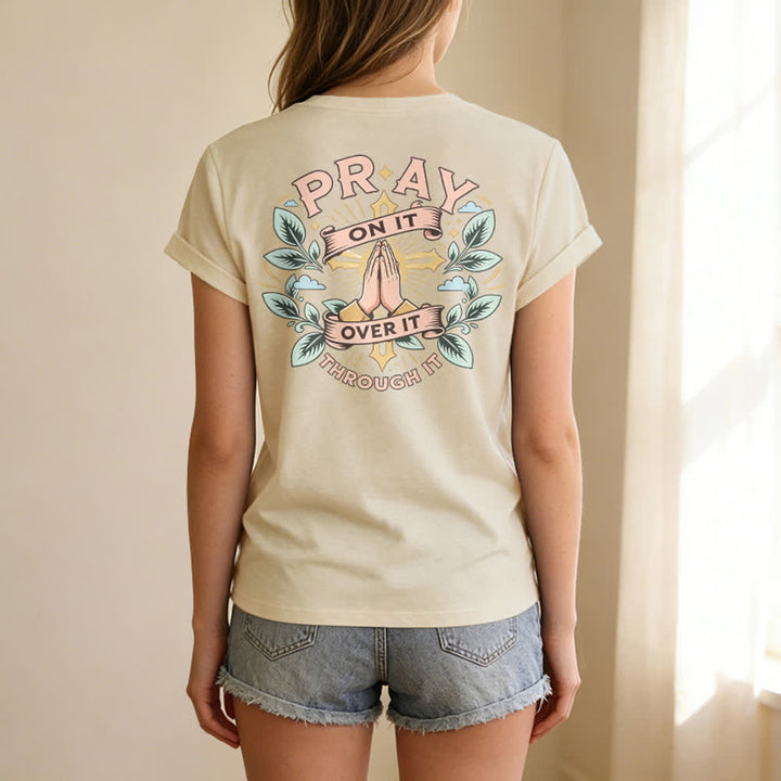 Christianartworkshop Camiseta de mujer con cuello en V y manga enrollada con nudo lateral "Pray On It" - image 16